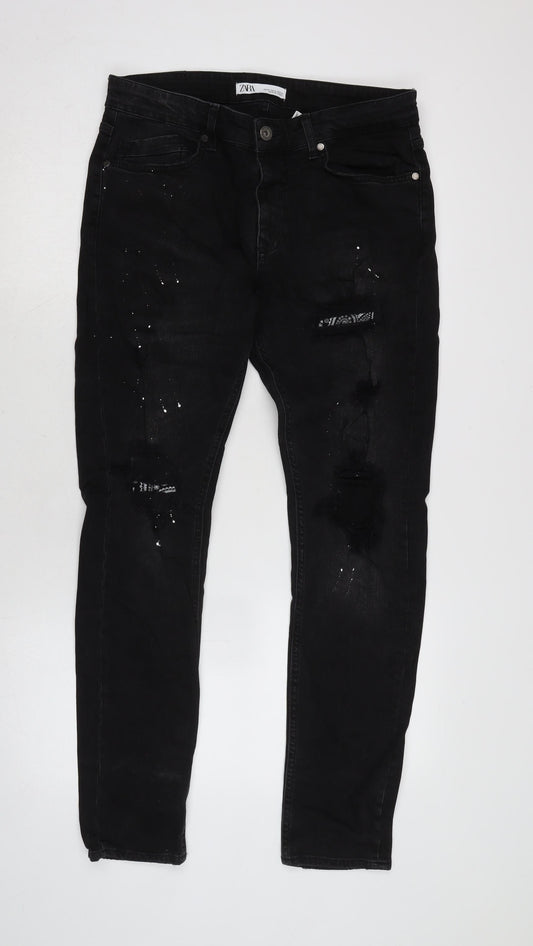 Zara Mens Black Cotton Tapered Jeans Size 32 in L28 in Regular Zip