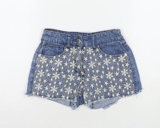 Matalan Girls Blue Floral Cotton Cut-Off Shorts Size 11 Years L3 in Regular Zip