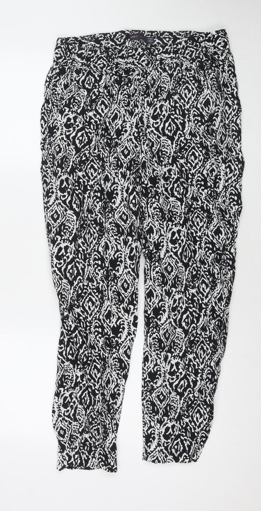 Marks and Spencer Womens Black Geometric Linen Trousers Size 14 L27 in Regular