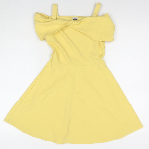 River Island Girls Yellow Polyester Fit & Flare Size 9-10 Years Off the Shoulder Pullover - Cold Shoulder