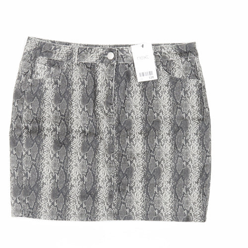 NEXT Womens Grey Animal Print Cotton Mini Skirt Size 14 Button - Snakeskin Print