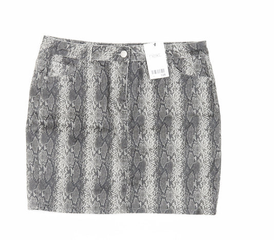 NEXT Womens Grey Animal Print Cotton Mini Skirt Size 14 Button - Snakeskin Print