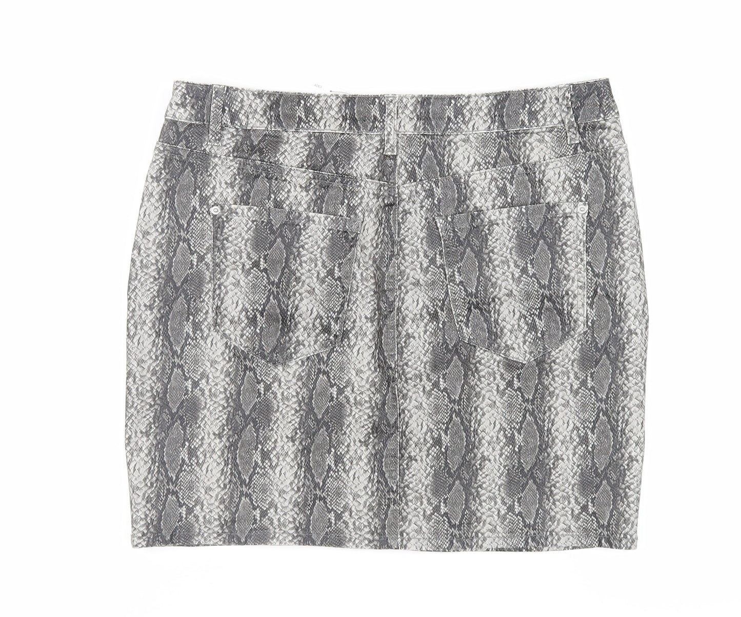 NEXT Womens Grey Animal Print Cotton Mini Skirt Size 14 Button - Snakeskin Print