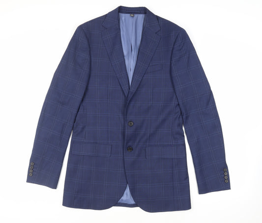 Marks and Spencer Mens Blue Plaid Polyester Jacket Suit Jacket Size 38 Regular