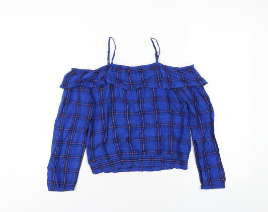 H&M Girls Blue Plaid Viscose Basic T-Shirt Size 11-12 Years Square Neck Pullover