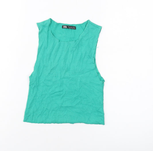 Zara Womens Green Cotton Cropped Tank Size S Round Neck