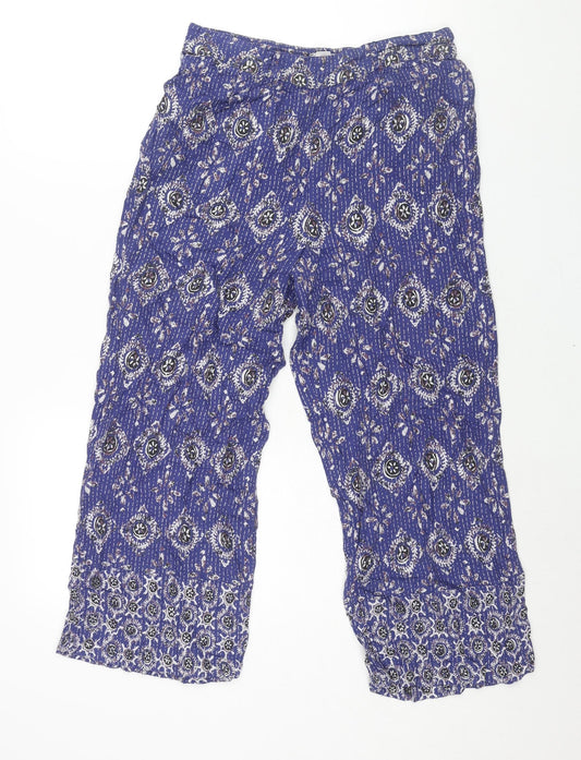 Fat Face Womens Blue Geometric Viscose Cropped Trousers Size 12 L23 in Regular