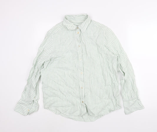 Marks and Spencer Womens Green Striped Linen Basic Blouse Size 12 Collared