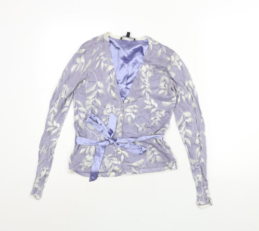 Laura Ashley Womens Purple V-Neck Floral Cotton Cardigan Jumper Size 8 - Satin Belt