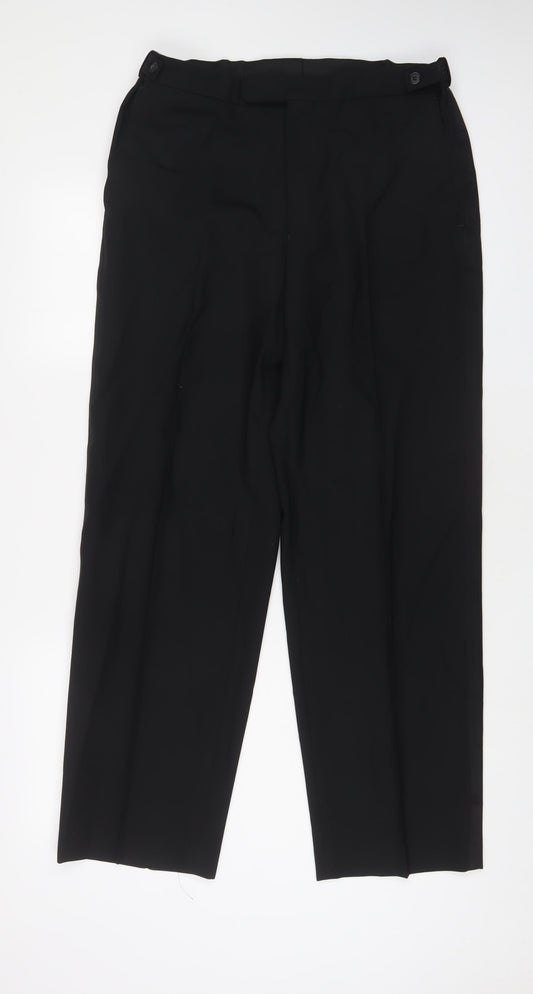 Marks and Spencer Mens Black Wool Trousers Size 34 in L31 in Regular Hook & Eye