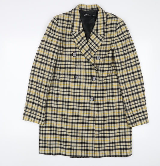 Zara Womens Yellow Plaid Overcoat Coat Size S Button