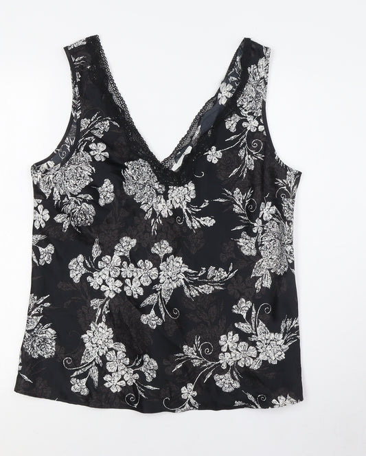 Marks and Spencer Womens Black Floral Polyester Cami Pyjama Top Size 14 - Lace Trim