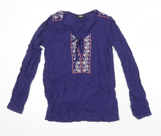 R&B Womens Blue 100% Cotton Tunic Blouse Size 14 Scoop Neck - Embroidered Detail