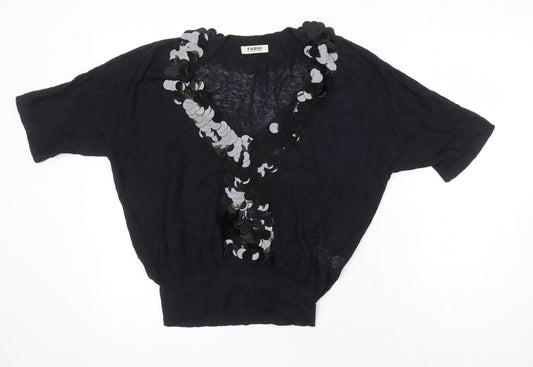 NICOLE FARHI Womens Black V-Neck Linen Pullover Jumper Size S - Sequin Detail