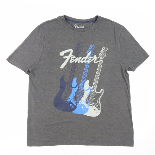 Fender Mens Grey Cotton T-Shirt Size L Crew Neck - Guitars