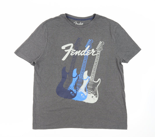 Fender Mens Grey Cotton T-Shirt Size L Crew Neck - Guitars