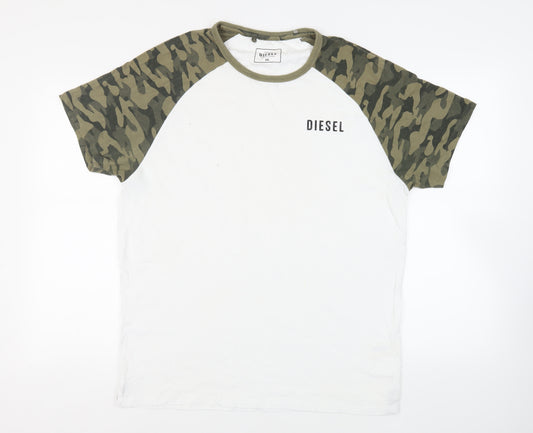 Diesel Mens White Camouflage Cotton T-Shirt Size 2XL Crew Neck