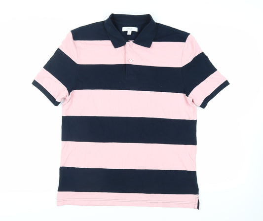 Marks and Spencer Mens Pink Striped Cotton Polo Size M Collared Button