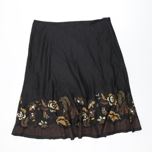 Kaliko Womens Black Floral Silk Swing Skirt Size 18 Zip