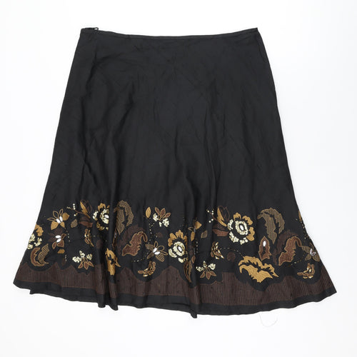 Kaliko Womens Black Floral Silk Swing Skirt Size 18 Zip