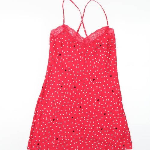 Marks and Spencer Womens Red Polka Dot Polyester Chemise Dress Size 6 - Lace Trim