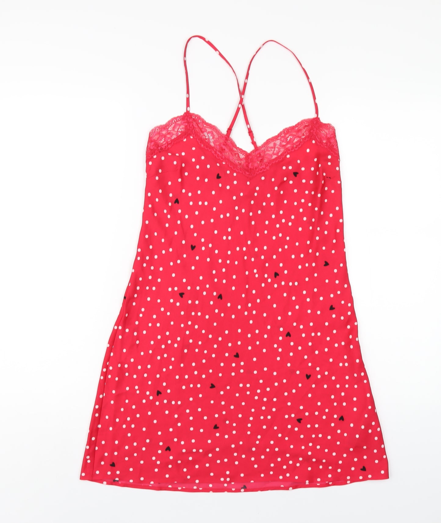 Marks and Spencer Womens Red Polka Dot Polyester Chemise Dress Size 6 - Lace Trim