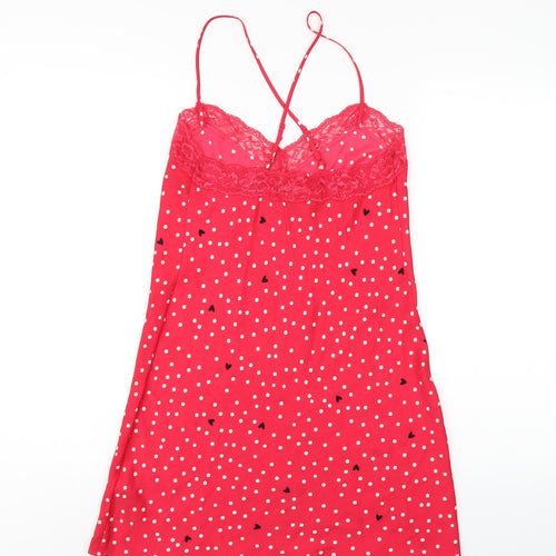 Marks and Spencer Womens Red Polka Dot Polyester Chemise Dress Size 6 - Lace Trim