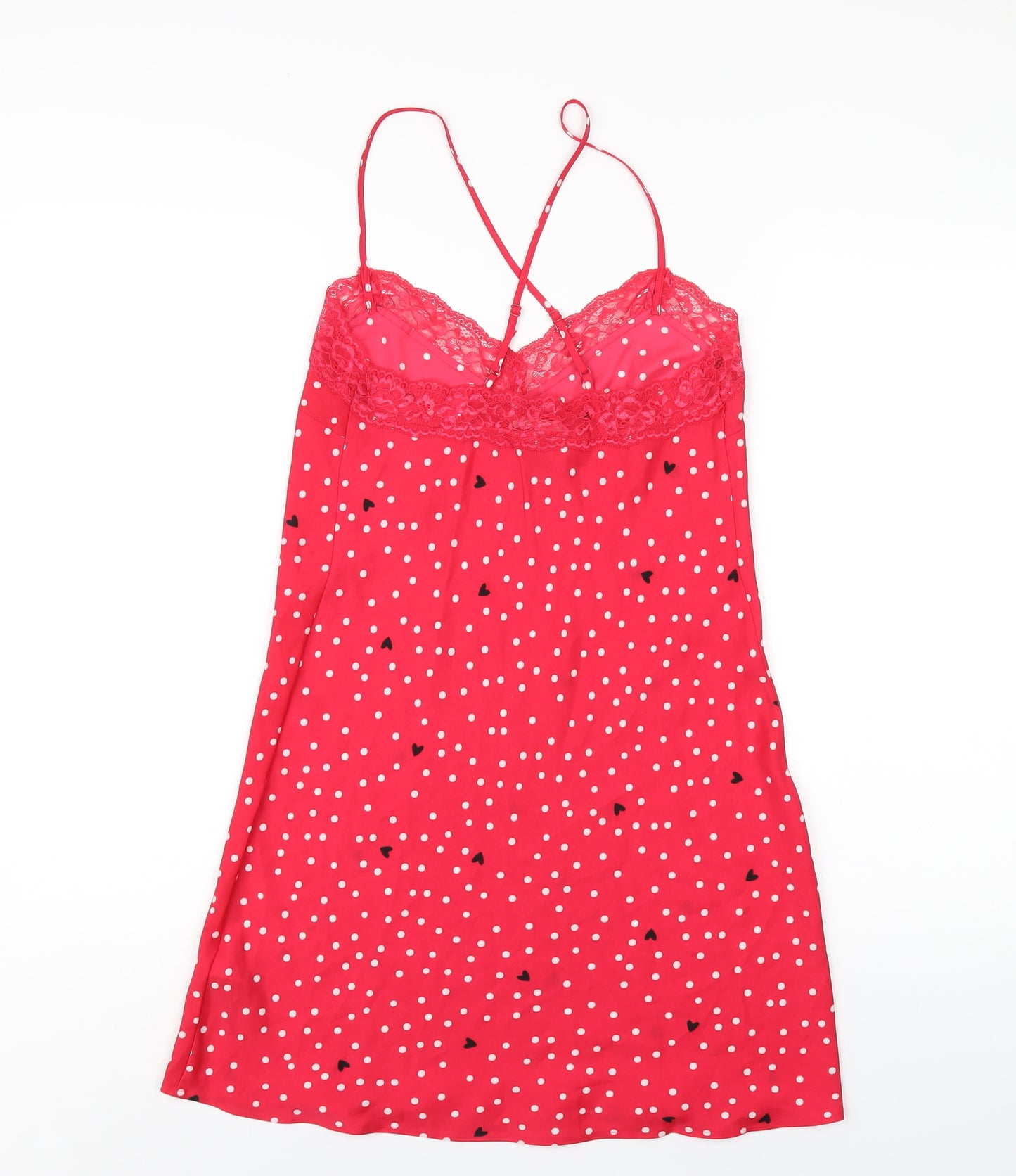 Marks and Spencer Womens Red Polka Dot Polyester Chemise Dress Size 6 - Lace Trim