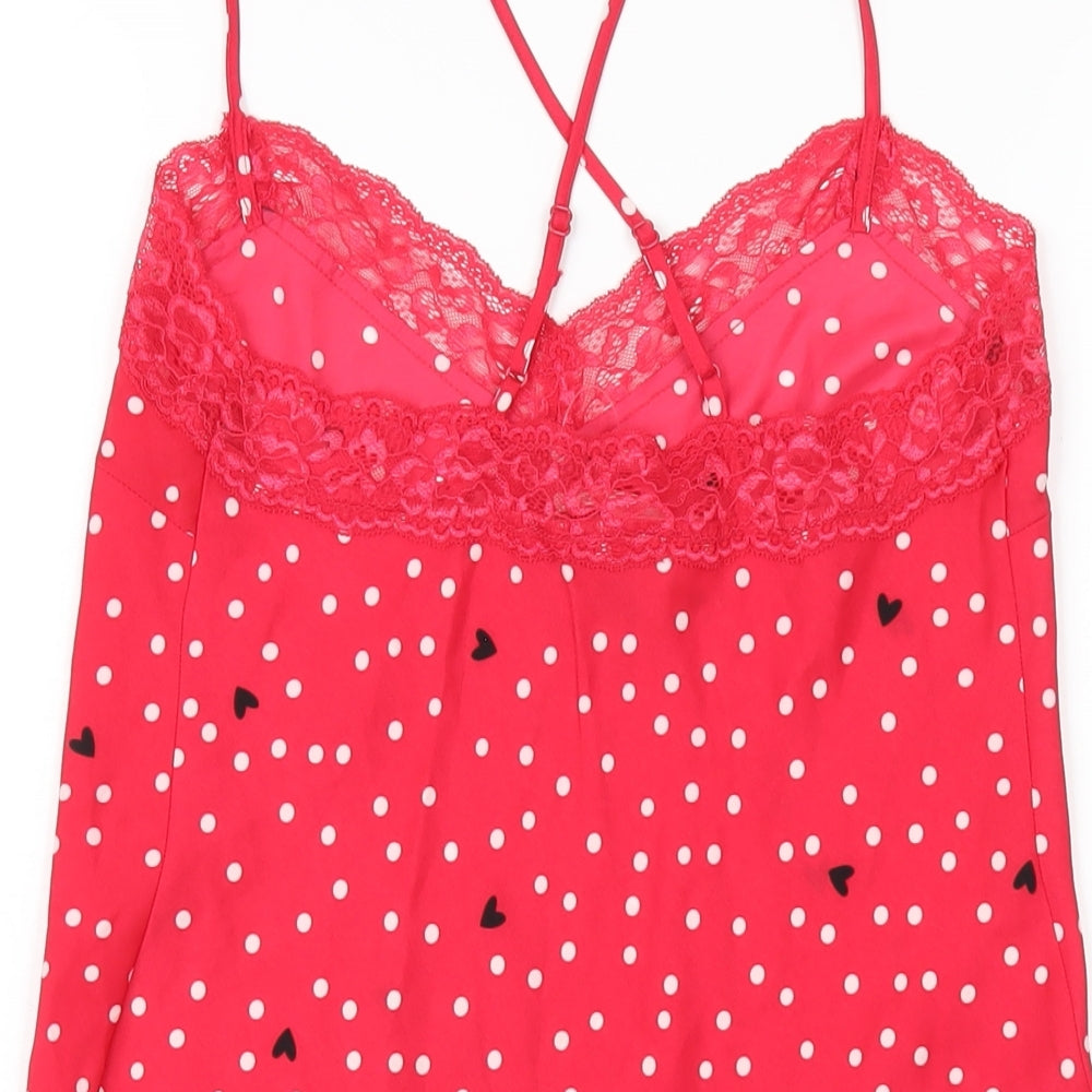 Marks and Spencer Womens Red Polka Dot Polyester Chemise Dress Size 6 - Lace Trim