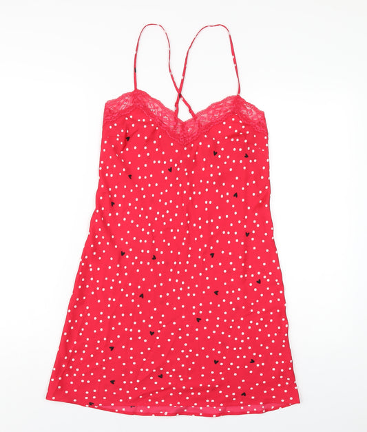 Marks and Spencer Womens Red Polka Dot Polyester Chemise Dress Size 8 - Lace Trim