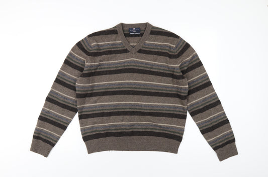 Blue Harbour Mens Brown V-Neck Striped Wool Pullover Jumper Size M Long Sleeve