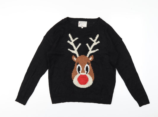 New Look Womens Black Round Neck Acrylic Pullover Jumper Size 12 - Christmas Reindeer