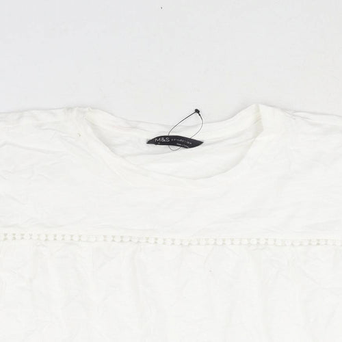 Marks and Spencer Womens White Cotton Basic Blouse Size 18 Round Neck - Lace Detail