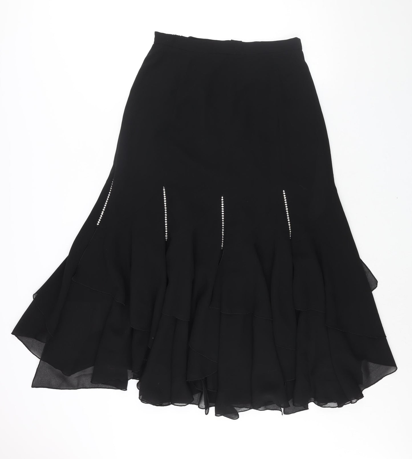 Roman Womens Black Polyester Flare Skirt Size 14 Zip - Rhinestone Detail Layered Frill