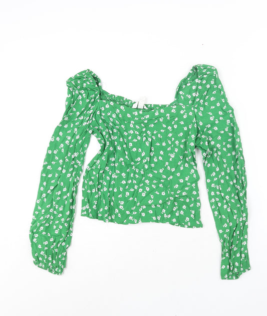 H&M Womens Green Floral Viscose Basic Blouse Size 12 Sweetheart