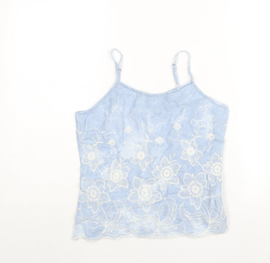 Apricot Womens Blue Floral Cotton Camisole Blouse Size 10 Scoop Neck - Tie Die Emboridered