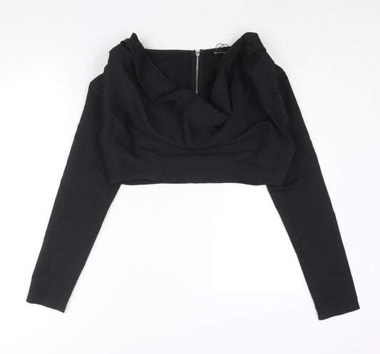 PRETTYLITTLETHING Womens Black Polyester Cropped Blouse Size 10 Cowl Neck - Shoulder Pads