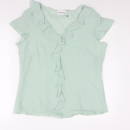 Bonmarché Womens Green Polyester Basic Blouse Size 18 V-Neck - Waterfall Frill