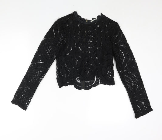 Glamorous Womens Black Polyester Basic Blouse Size S Round Neck - Semi Sheer