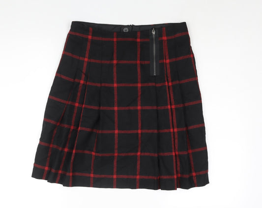 Marks and Spencer Womens Black Check Wool A-Line Skirt Size 10 Zip - Pleated