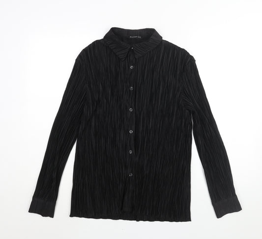 Stradivarius Womens Black Polyester Basic Button-Up Size M Collared - Plisse