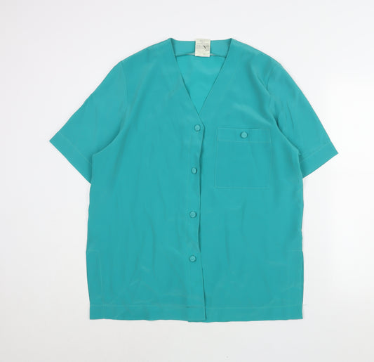 Classic Womens Green Polyester Basic Blouse Size 14 V-Neck - Vintage