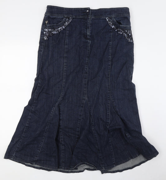 Per Una Womens Blue Cotton A-Line Skirt Size 16 Zip - Embellished Pockets