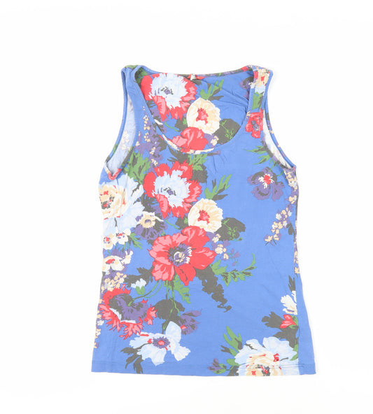 Joules Womens Blue Floral Cotton Basic Tank Size 12 Scoop Neck