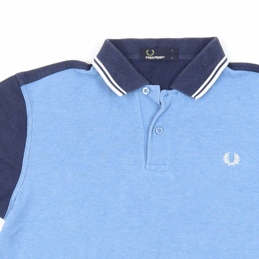 Fred Perry Mens Blue Cotton Polo Size L Collared Button - Logo