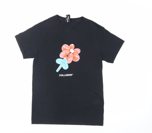 COLLUSION Womens Black Cotton Basic T-Shirt Size S Crew Neck - Flower