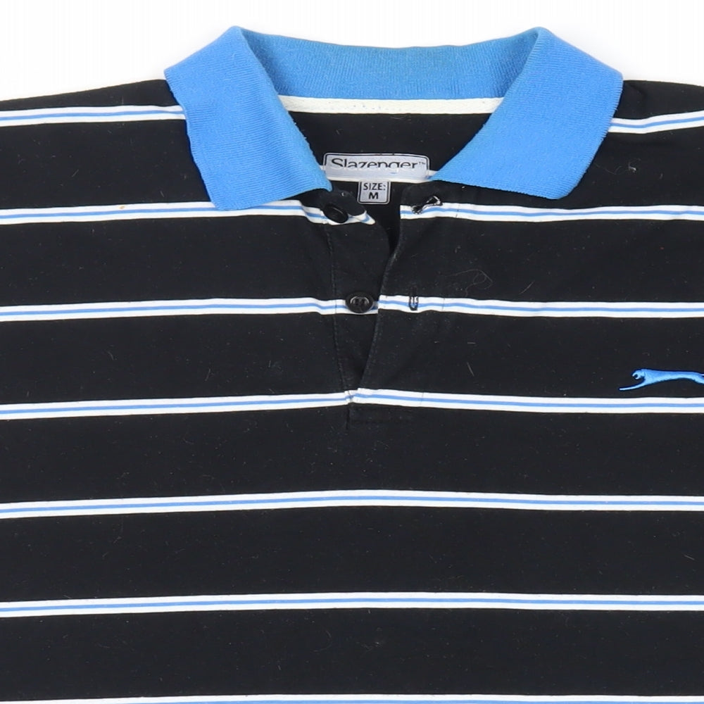 Slazenger Mens Black Striped Polyester Polo Size M Collared Button