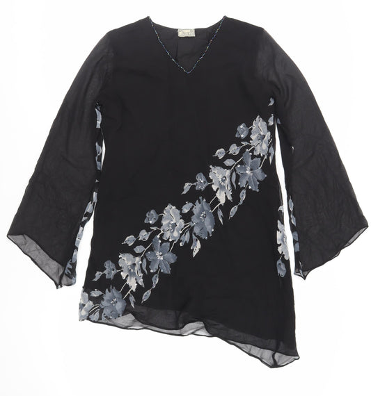 Kushi Womens Black Floral Polyester Tunic Blouse Size 10 V-Neck - Beaded Sequin