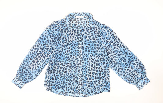 Axara Womens Blue Animal Print Polyester Basic Button-Up Size S Collared - Sheer