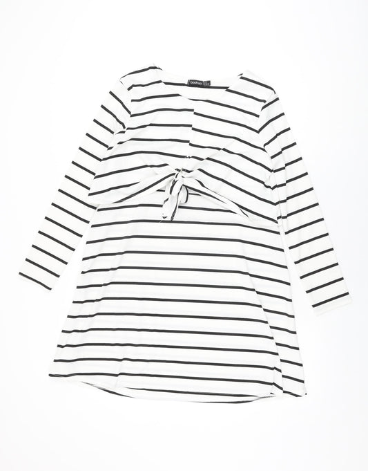 Boohoo Womens White Striped Polyester Shift Size 12 Round Neck Pullover